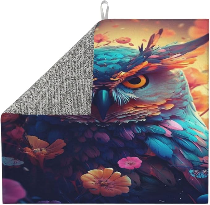 Dish Drying Mat For Kitchen Counter Fast Dry Dish Mat Colorful Owl Flowers - Image 3