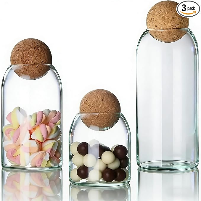 3 Pcs Glass Storage Jars with Cork Ball Lids by BuyNow