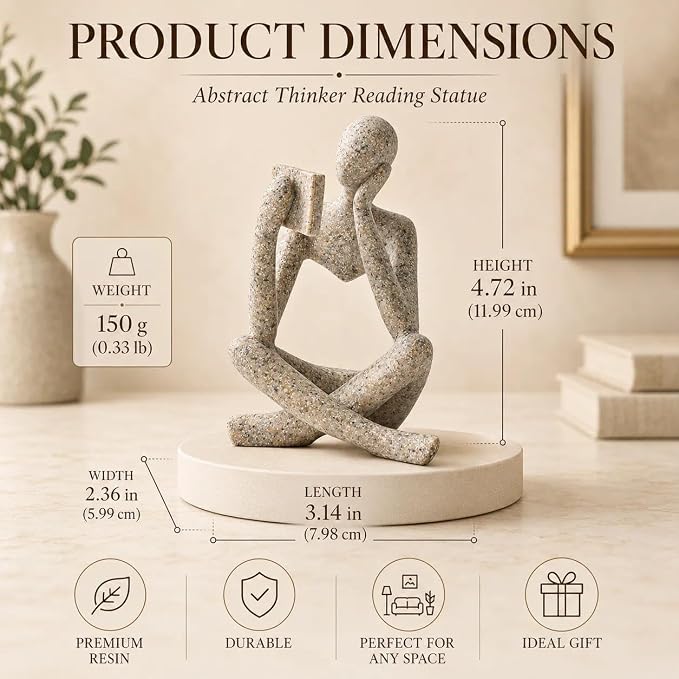 Bookshelf Decor Thinker Statue, Sand Abstract Reading Figurine, Resin - Image 2