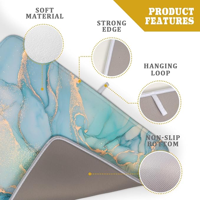 Marble Dish Drying Mat for Kitchen Counter Blue Teal Turquoise Gold Drying Mat - Image 4