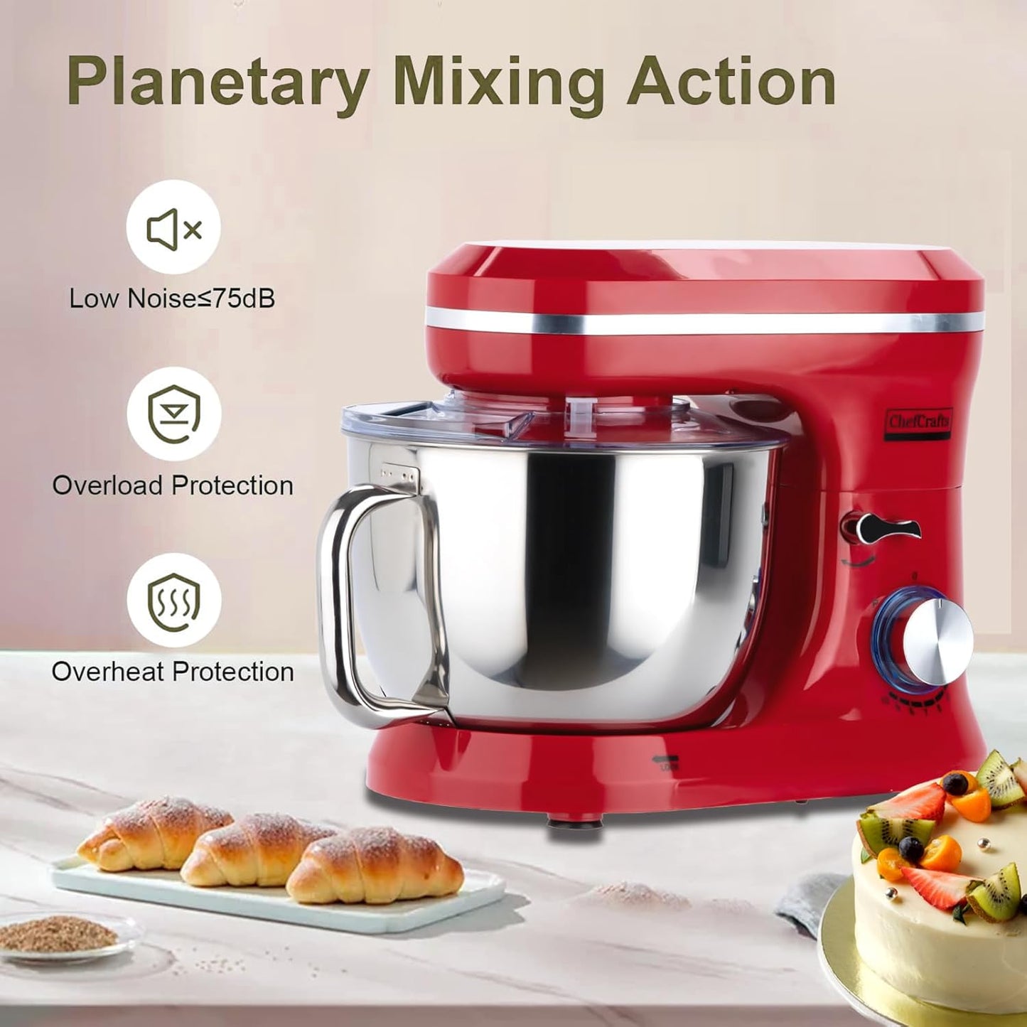 Household Stand Mixer with 6.5 Quart Bowl, Electric Food Mixer 10+p Speeds 660W, Kitchen Tilt-Head Bread Dough and Cake Mixers with Dough Hook, Whisk, Beater, Splash Guard and Egg Separator (Red)