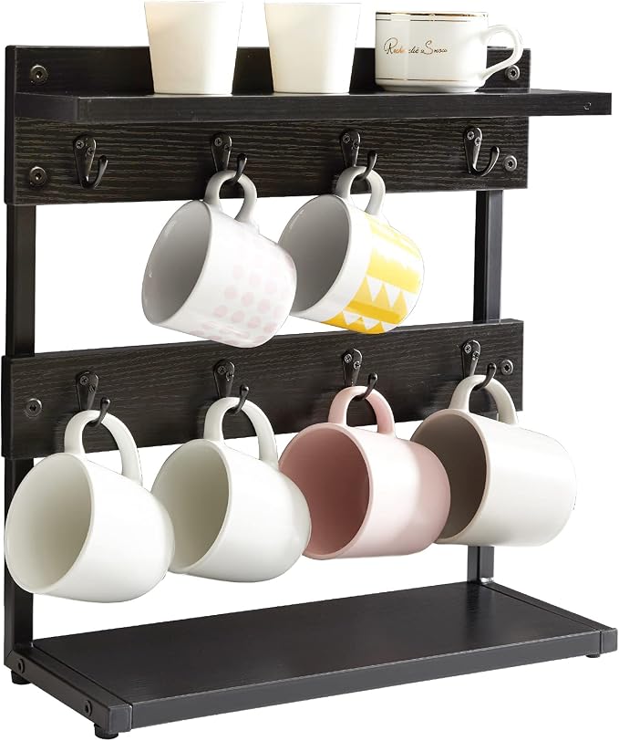 IBUYKE Rustic Coffee Mug Holder Stand, 2 Tier Countertop Mug Tree Holder Rack by IBUYKE