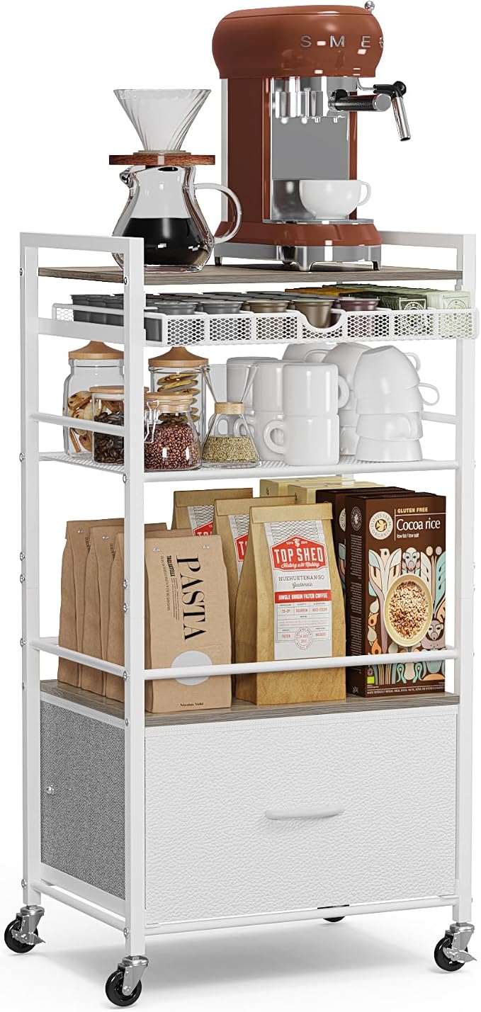 Coffee Bar Cabinet with Storage，5 Tier Coffee Station Table on Wheels, 33.6" H by Lurgno