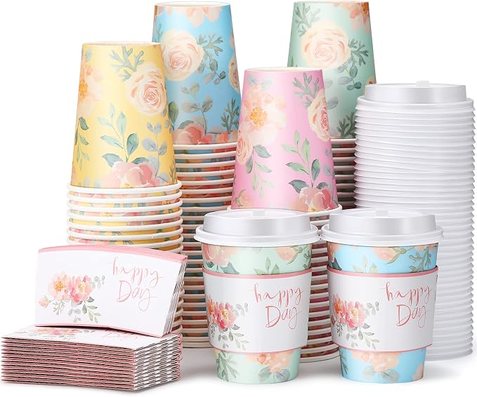 Remerry 100 Pcs 12oz Floral Disposable Coffee Cups by Remerry