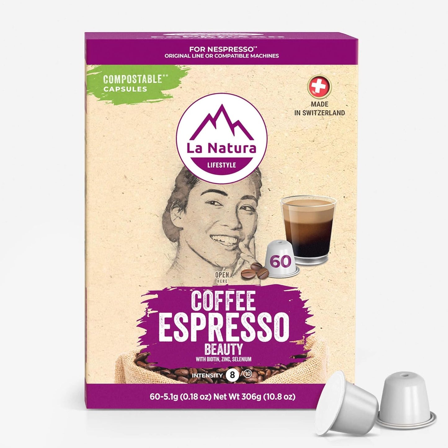 La Natura European-Style Beauty Coffee Pods - For Original Line Nespresso Machines - Espresso Roast with Biotin, Selenium, and Zinc for Healthy Hair, Skin, Nails - Pack of 60