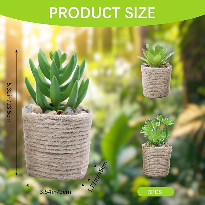 3 Pack Mini Artificial Succulent Plants – Faux Greenery in Vintage Woven Jute - Image 2