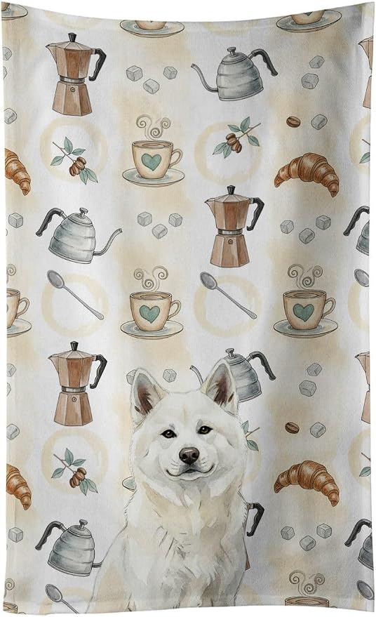 Caroline's Treasures White Akita Coffee Bar Kitchen Towel Velour Plush Front by CarolinesTreasures