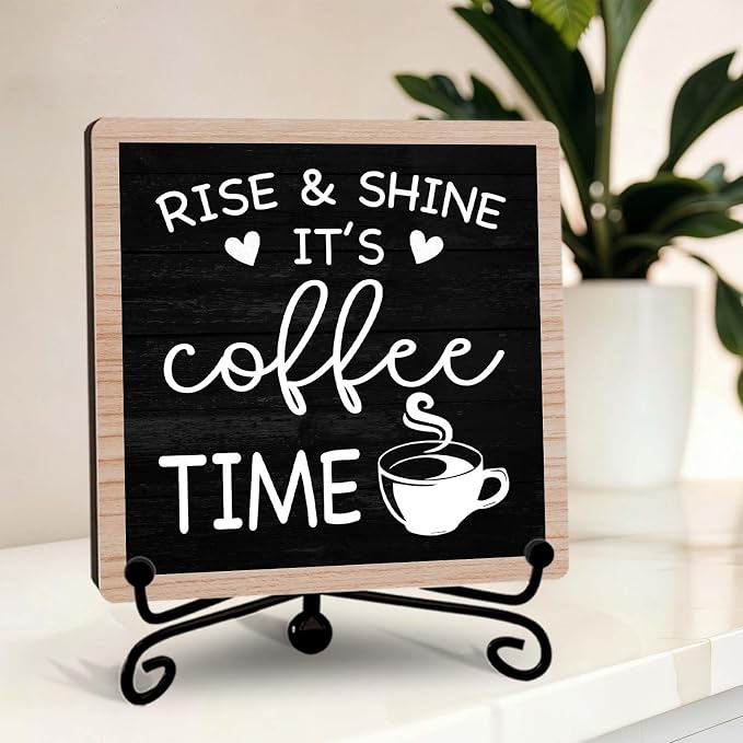 Rustic Coffee Bar Decor, Rise & Shine It's Coffee Time Wood Plaque by YQV