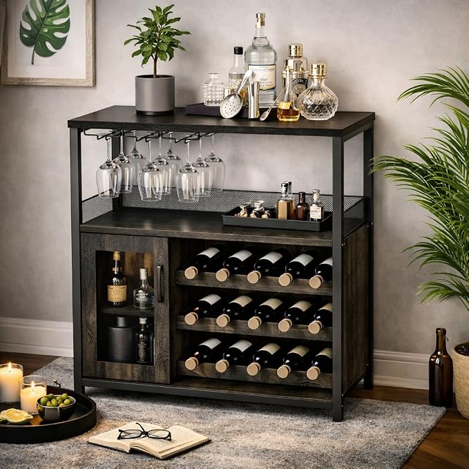 Wine Bar Cabinet, 3-Tier Removable wine rack cabinet glass holder, Mesh door by IDEALHOUSE