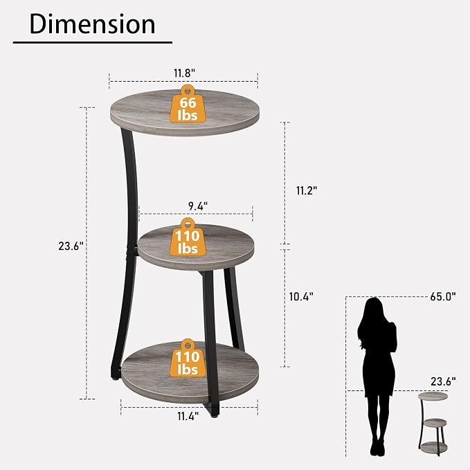 JUSTOGO Small Side Table, 3-Tier Round End Table - Image 3