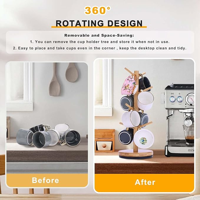 Mug Holder Tree, Upgraded 360° Rotated 8 Hooks Coffee Mug Holders - Image 3