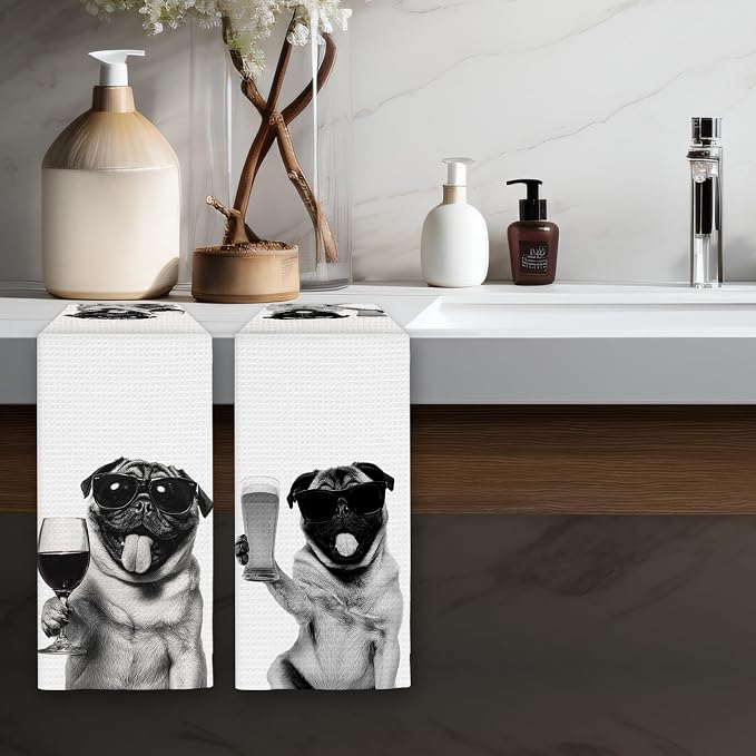 Gifts for Pug Dog Wine Lovers Kitchen Towels Set of 2, Pug Gifts Wine - Image 5