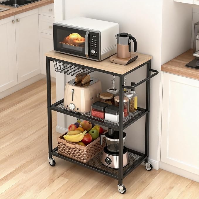 Rolling Kitchen Cart with Wood Tabletop, 3 Tier Mobile Utility Cart with - Image 7