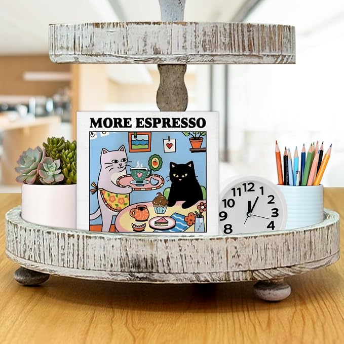Funny Coffee Cat Decor More Espresso Less Depresso Wood Block Sign, 5 x 5 Inches - Image 7