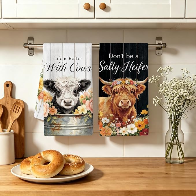 MAYJOYDIY 4 Pcs Highland Cattle Kitchen Towels Farmhouse Western Cow Microfiber - Image 5