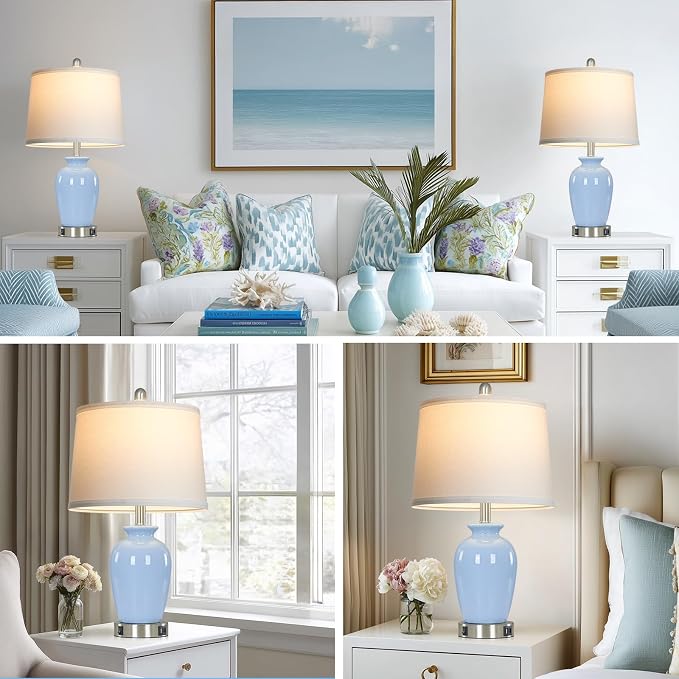 Cinkeda 23" Light Blue Ceramic Table Lamp Set of 2 - Image 4
