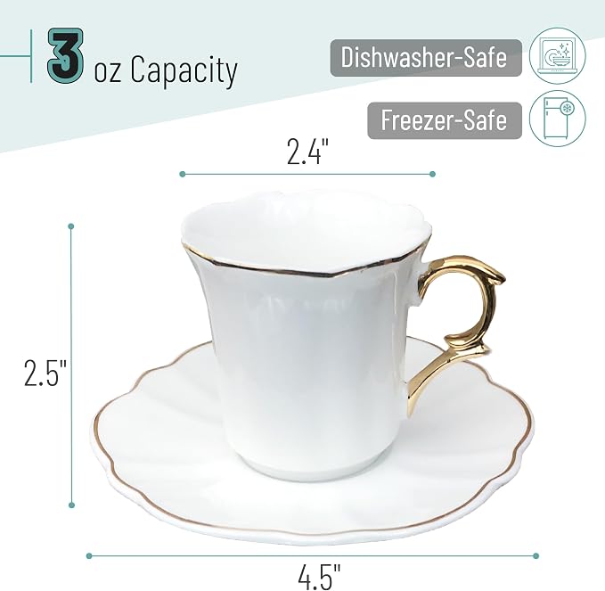 BTaT- Turkish Coffee Cup Set, 3 oz, 6 Set, Elegant White Cups & Saucers - Image 3