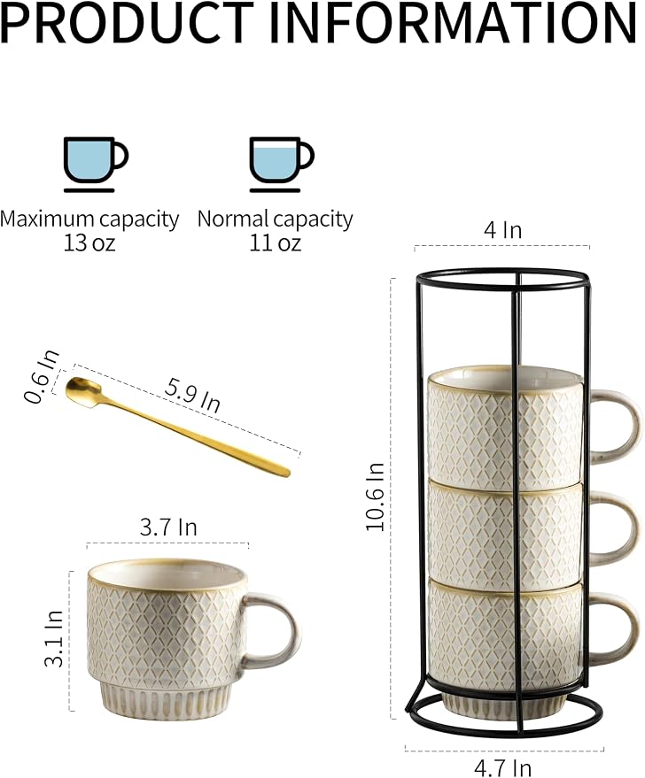 Gomakren Coffee Mugs Set of 4, 13 Ounce Stackable Coffee Mugs - Image 4