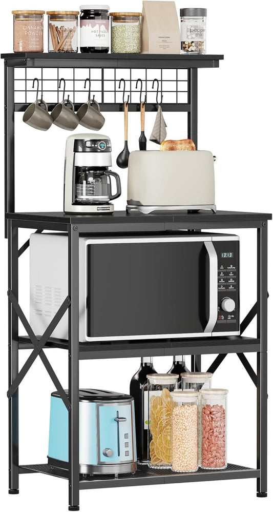 Furologee Kitchen Bakers Rack with Hutch, Coffee Bar Station 4 Tiers, Microwave Oven Stand with 6 S Hooks and Pegboard, Kitchen Microwave Rack for Spice Organizer Workstation, Black