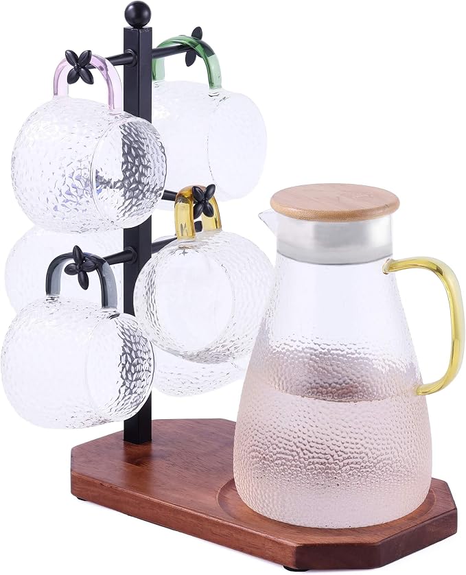 Mug Tree for Large Mugs With 6 Hooks and Coffee Pot Tray by OUSEEN