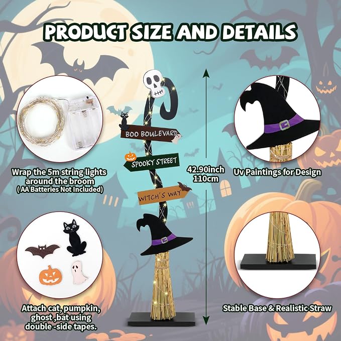 Halloween Decorations |Lighted Witch's Broom Halloween Wooden Porch Sign | - Image 6