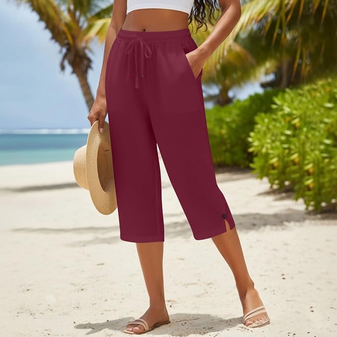 Straight Leg Capri Linen Pants for Women Elastic Waist Drawstring Pant Summer - Image 3