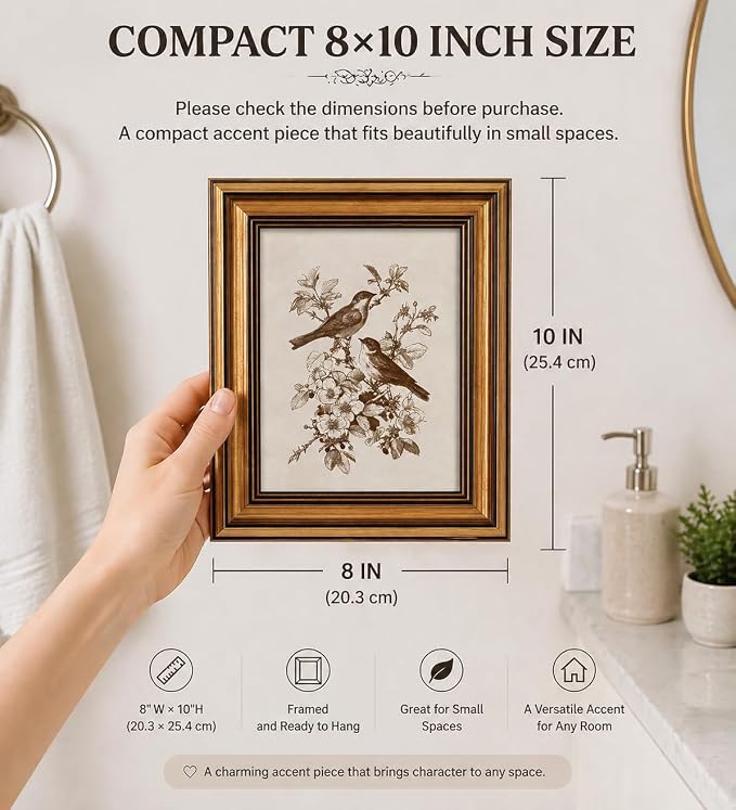 ARPEOTCY Gold Framed Canvas Wall Art, 8x10 Inch Vintage Bird Wall Art, Sepia - Image 2