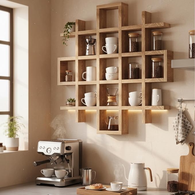 Suzile Oversize Coffee Mug Display Rack Wooden Display Shelves Rustic Wooden - Image 3