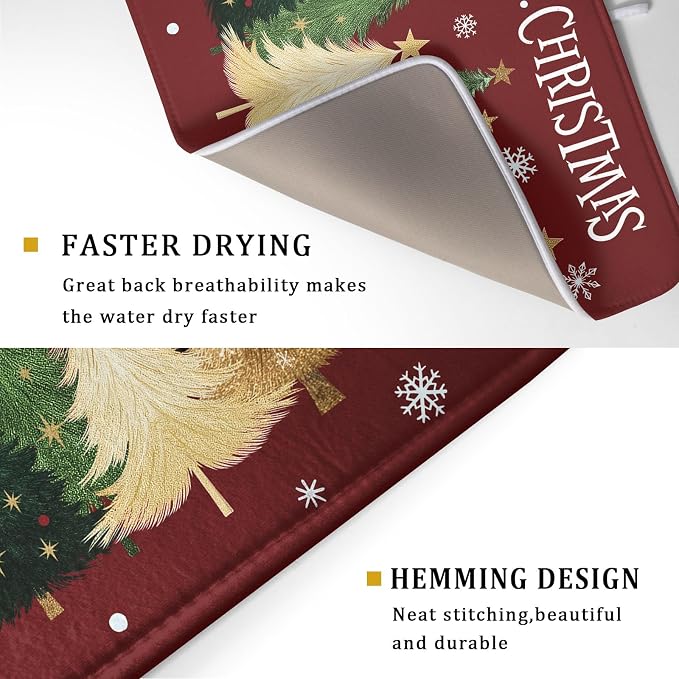 Xmas Tree Red Dish Drying Mat for Kitchen Counter, Winter Snowflake Drying Mat - Image 3