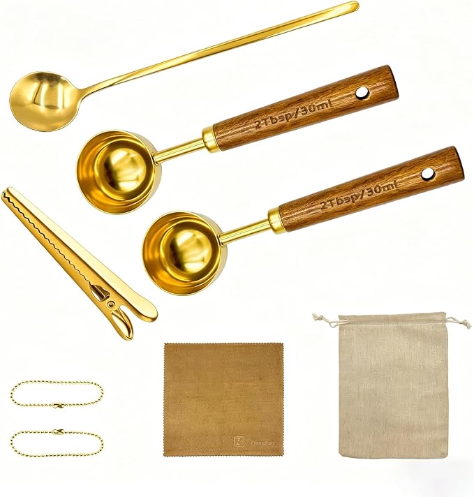 Gold Coffee Scoop with Wooden Handle, 2 Tablespoon / 30 ml, 304 Stainless Steel by ZibugZag