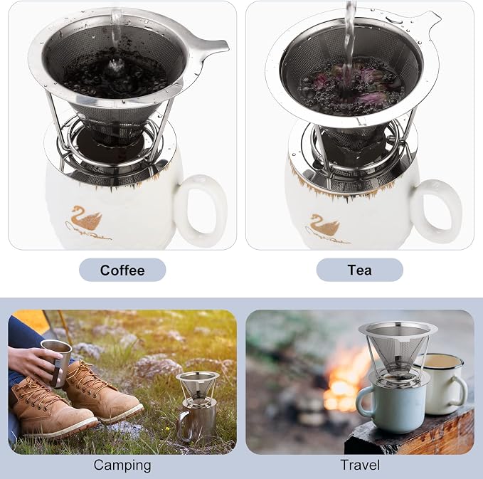 Pour Over Coffee Maker, Coffee Filter, Slow Drip Paperless Stainless Steel Cone - Image 7