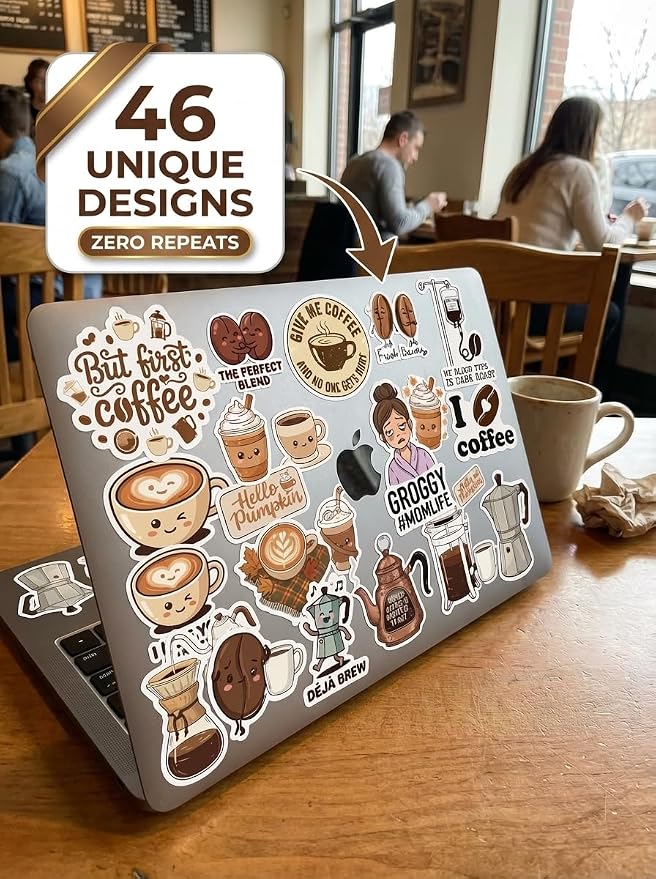 Coffee Stickers Set 46 Pack. Cute Kawaii Funny Coffee Cup Stickers - Image 3