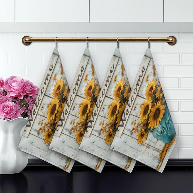 Welcome Sunflowers Kitchen Towels Set of 2 Flower Bottle Dish Towels Bar - Image 4