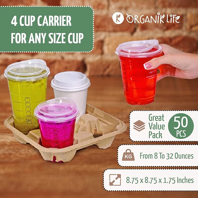 4 Cup Carrier Tray, No-Mess Disposable Holder, Biodegradable, Eco-Friendly - Image 4