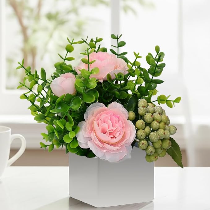 Pink Artificial Rose Eucalyptus Berry Faux Floral Table Home Bathroom Decor | by LADADAArtificialFlowers