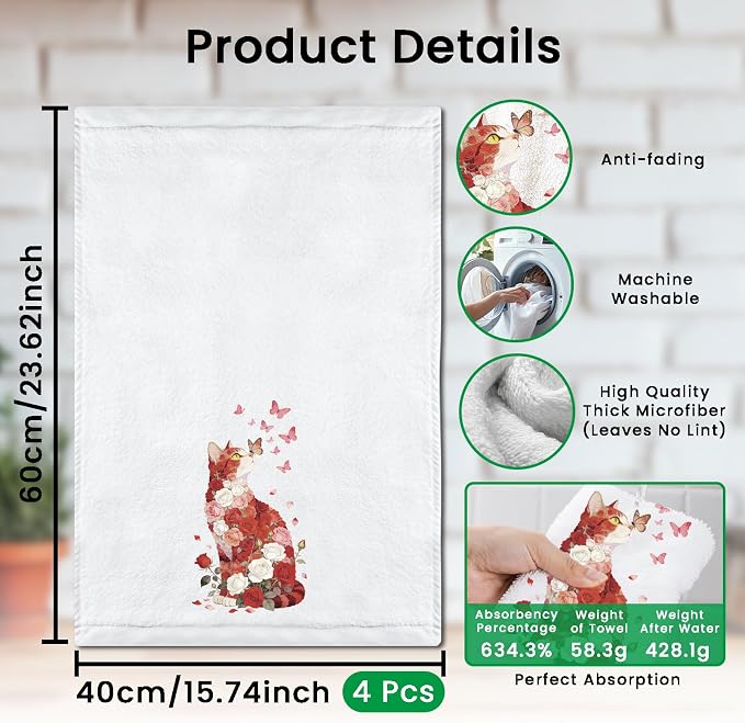CUTHOLLOW Colorful Cat & Flower Decorative Kitchen Towels Set of 4, - Image 2