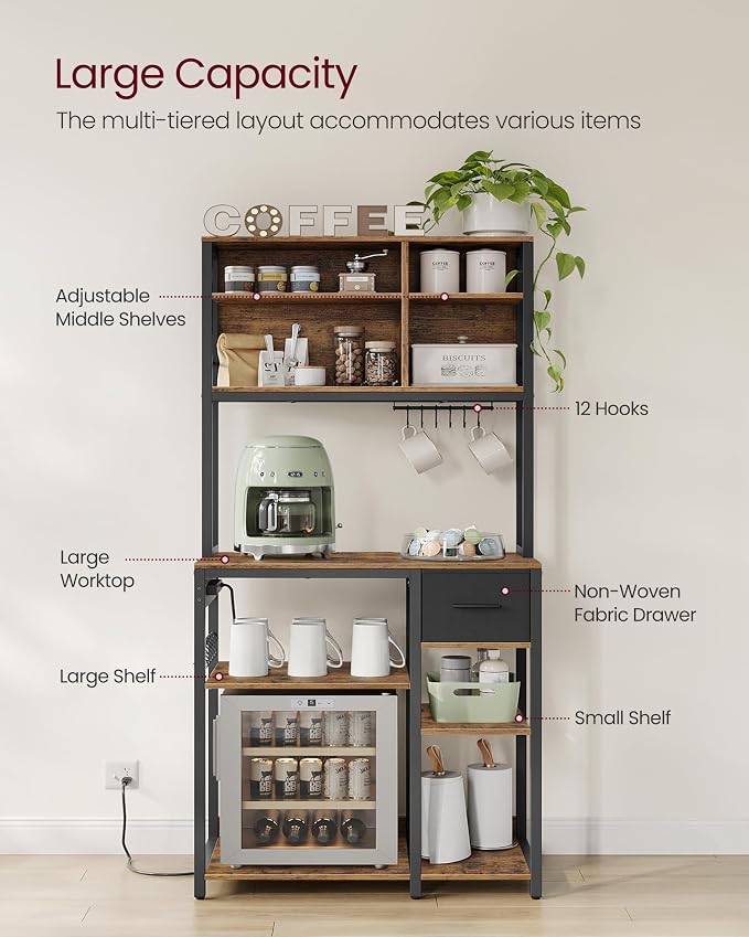 VASAGLE Bakers Rack with Charging Station, Coffee Bar, 15.7 x 31.5 x 71 Inches - Image 4