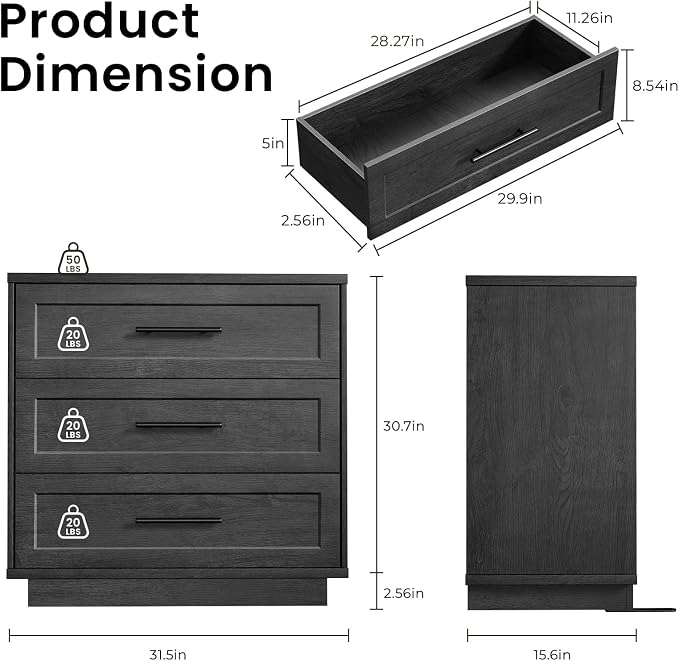 Fatmok 31.5" Wide 3 Drawer Nightstand, Oversized Wooden Bedside Table - Image 2