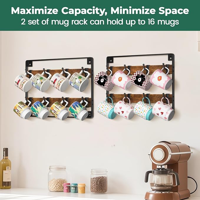 EsLuker.ly Mug Holder Hanger Rack Wall Mounted Wooden 2 Pack Coffee Cup Storage - Image 3