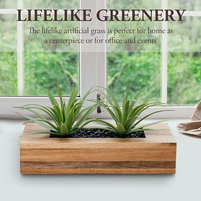 MyGift 10 Inch Artificial Green Grass Plants in Deluxe Acacia Solid Wood - Image 2