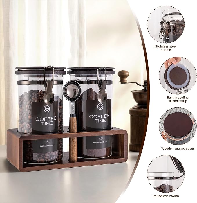 Glass Coffee Container with Wooden Shelf, 2×45OZ Coffee and Sugar Container Set - Image 3