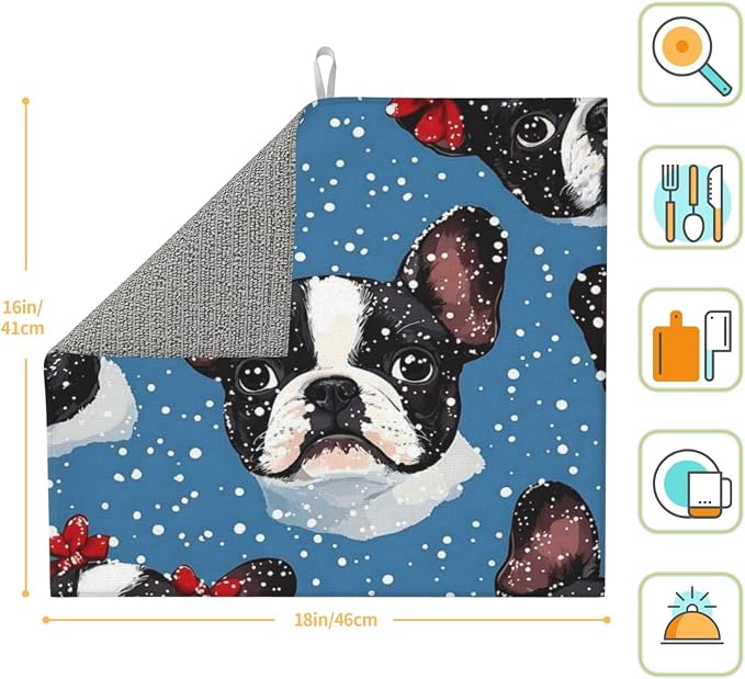Dish Drying Mat For Kitchen Counter 16X18 Boston Terrier Red Bows Snowflakes - Image 5