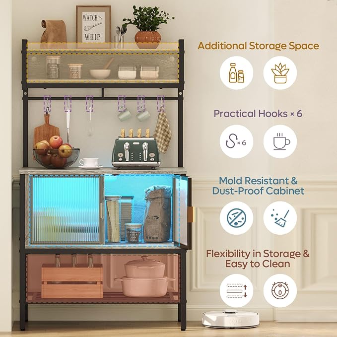 Bestier Coffee Bar with Storage, 5 Tier Microwave Stand with LED Lights - Image 4
