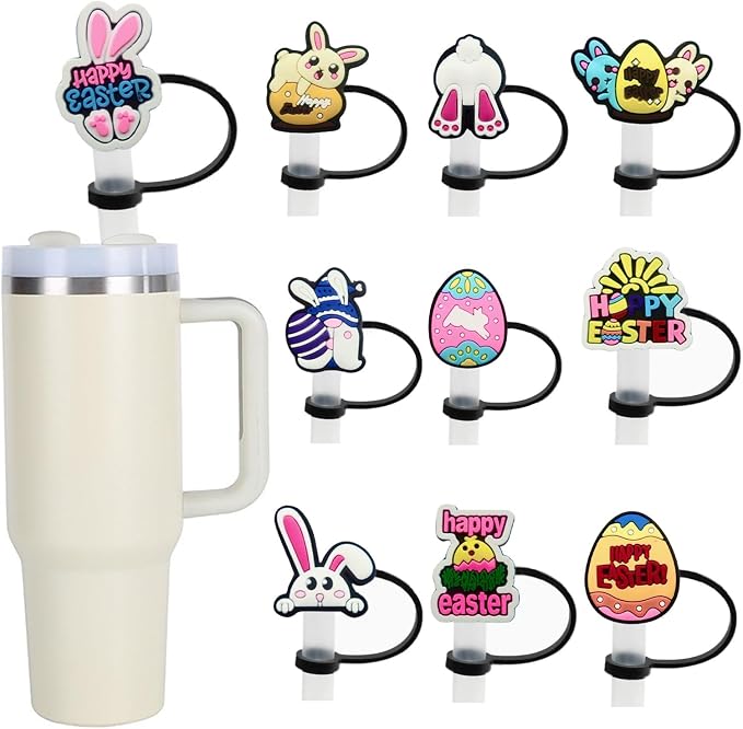 10Pcs Easter Straw Cover Cap for Stanley Cup 10mm Cute Easter Egg Bunny Straw by Gieehiol