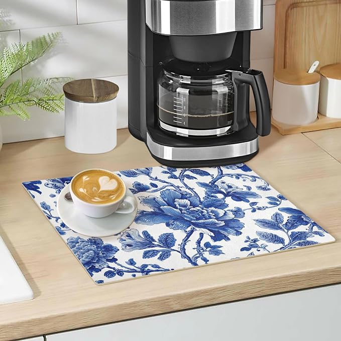 Blue and White Flowers Leaves Coffee Mat Coffee Bar Maker Backed Absorbent - Image 5