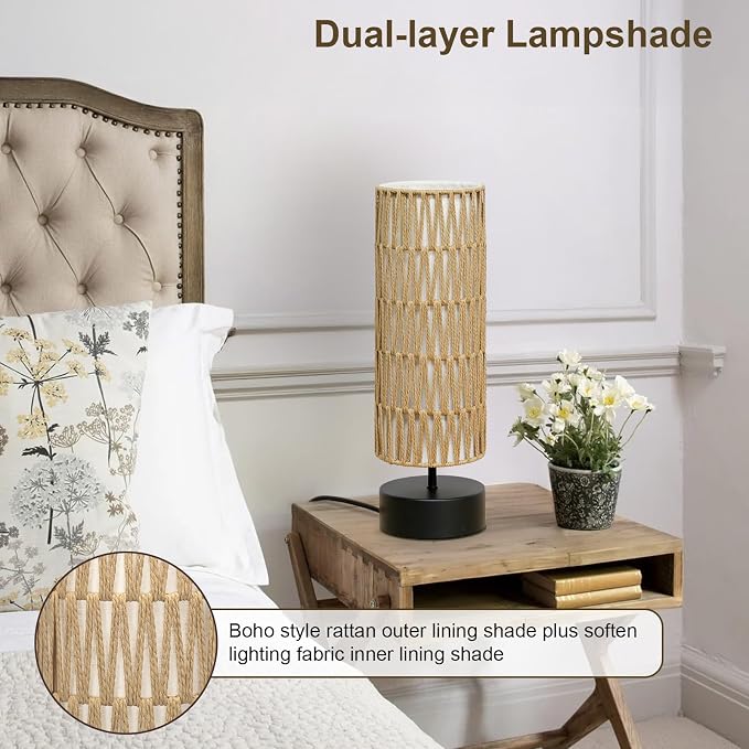 Rattan Table Lamp, Touch Control Bedside Table Lamp - Image 6