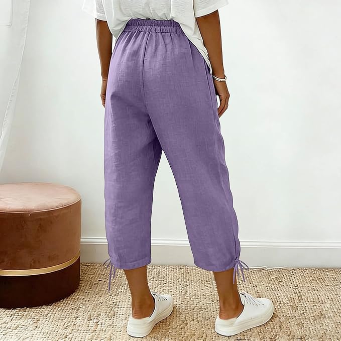 Linen Capri Pants for Women Drawstring Elastic Wide Leg Trouser 2026 Summer - Image 5