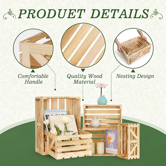 Wooden Crates for Display Large Rustic Nesting Wooden Basket - Image 3