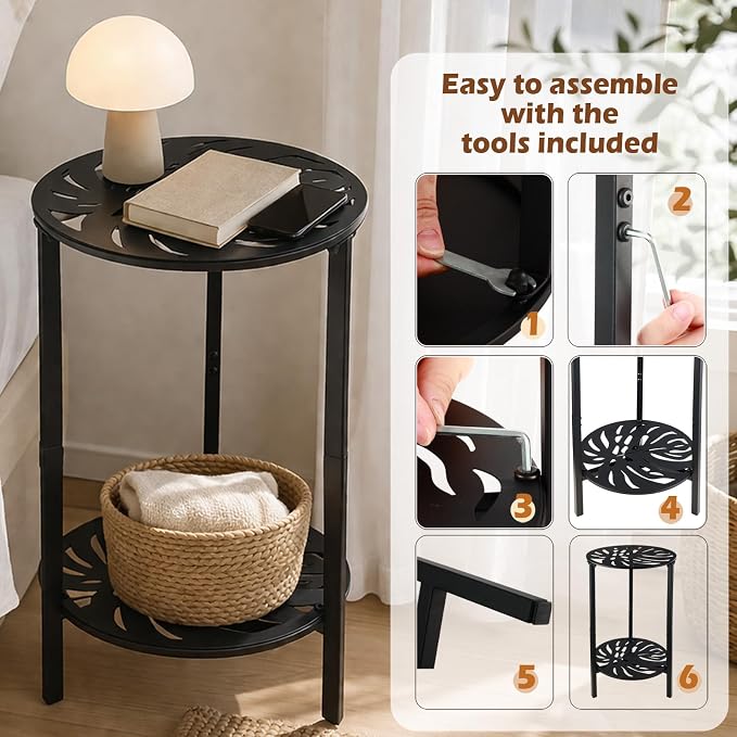 2-Tier Metal Round Side Table Black Accent Coffee Tables Small Space Corner - Image 5