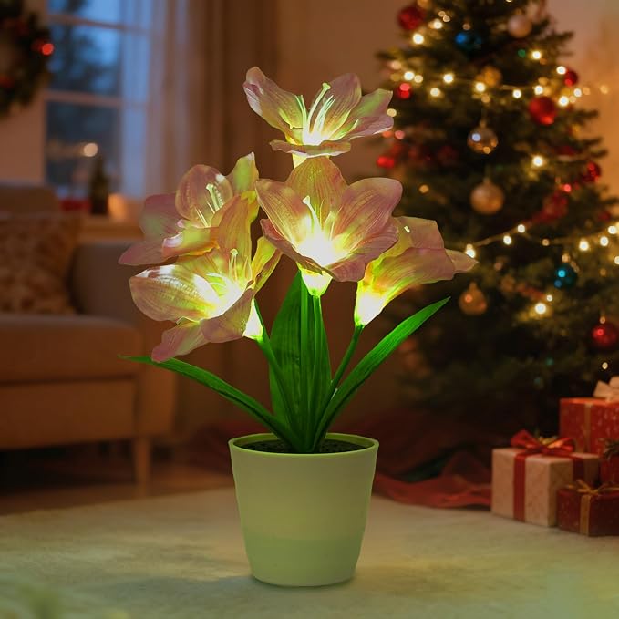 Artificial Pink Lily Flower Lamp, LED Light by Hibeauti